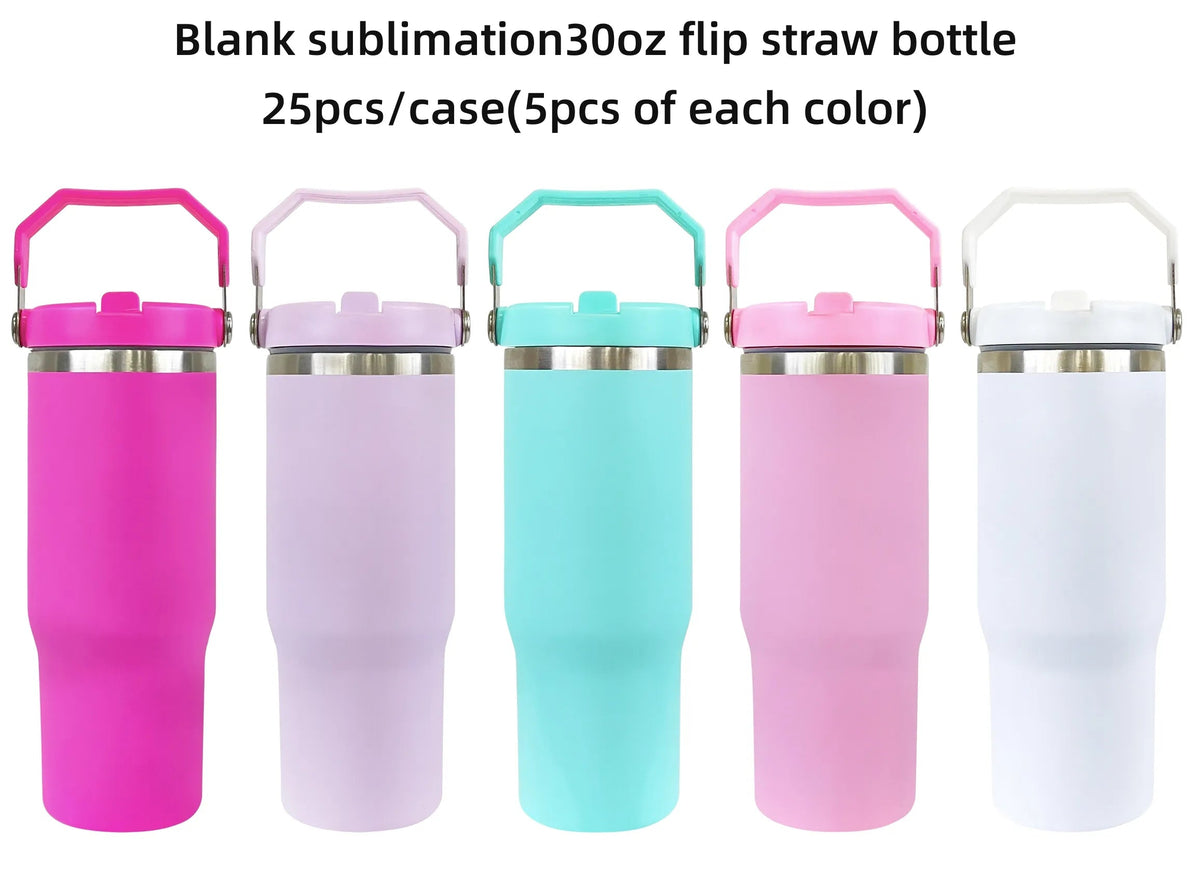 Case of 25Pack 30oz Sublimation Matte Stainless Steel Insulated Sports  Water Bottle Macaron Flip Straw with Handheld