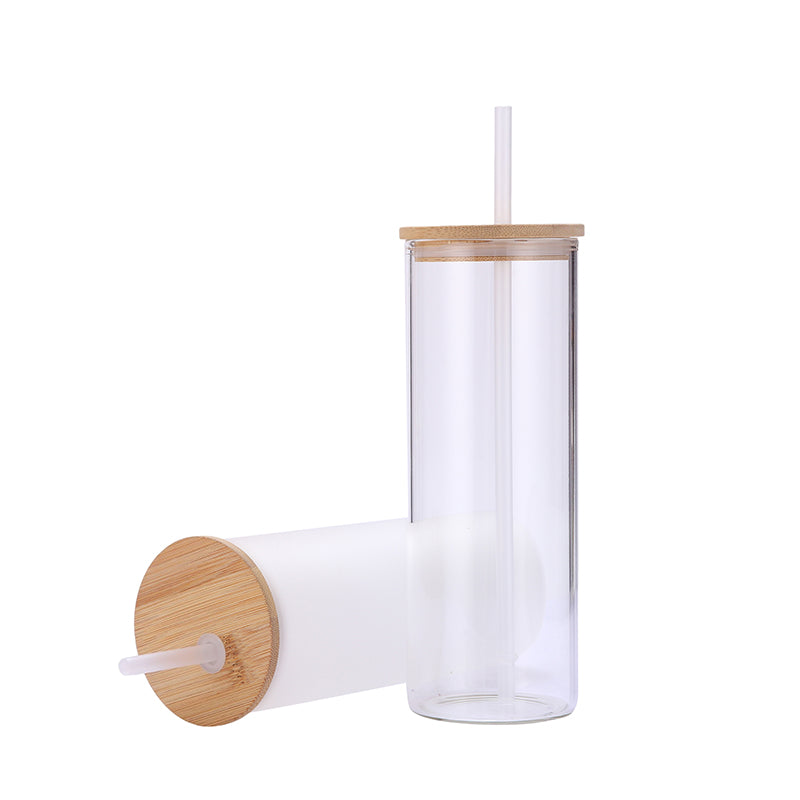 Double Wall Glass, Tumbler Beer Can W/Bamboo Lids  transparent/frosted，Bamboo lids and straws