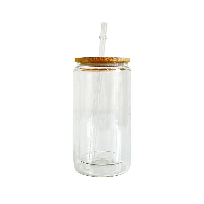 Glass Cup With Bamboo Lid and Glass Straw, Glass Can, Wooden Lid