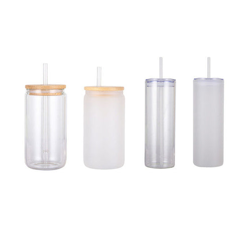 PYD Life Sublimation Blanks Glass Can Bulk Buy 18 oz Frost White Tumbler with Bamboo Lid and Glass Straw