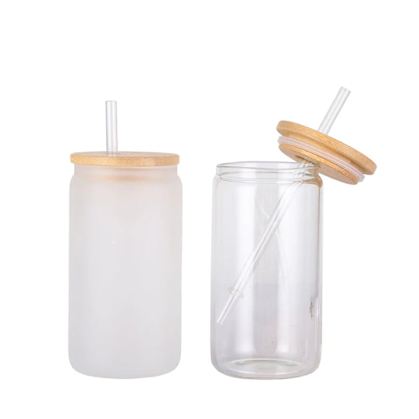 16 oz glass can cup 16oz Case (16/32/50 UNnits) Sublimation Glass Tumbler Cups Beer Can  W/Bamboo Lids Transparent/Frosted