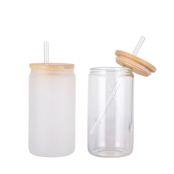 16oz Case (16/32/50 UNnits) Sublimation Glass Tumbler Cups Beer Can  W/Bamboo Lids Transparent/Frosted