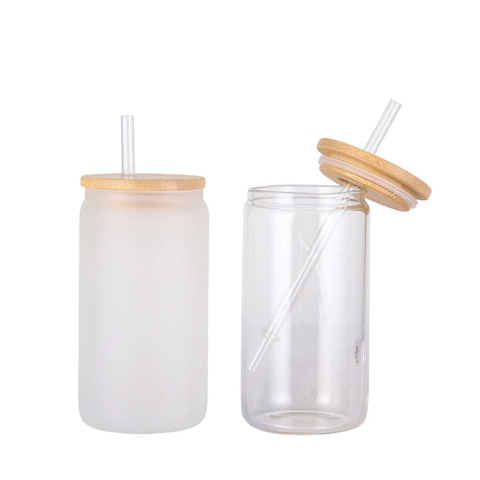 8/12 Pack Sublimation Glass Cups Blanks With Bamboo Lid 16 OZ Clear Glass  Beer Cans Mason Jar For Iced Coffee Juice Soda Drinks
