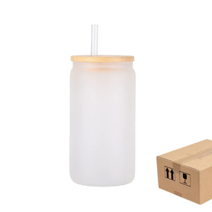 Double Wall Glass, Tumbler Beer Can W/Bamboo Lids transparent/frosted，Bamboo  lids and straws