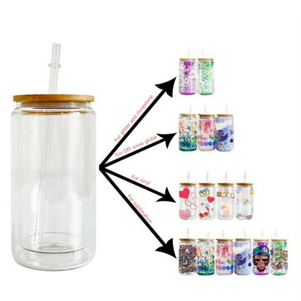 Blank Sublimation Snowglobe Beer Can Glass Double Walled 16oz and 25oz Glass  Soda Can Cup With Bamboo Lid and Straw 