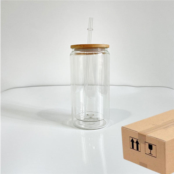 Double Wall Glass, Tumbler Beer Can W/Bamboo Lids  transparent/frosted，Bamboo lids and straws